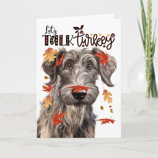 Thanksgiving Scottish Deerhound Let's Talk Turkey Holiday Card (Front)