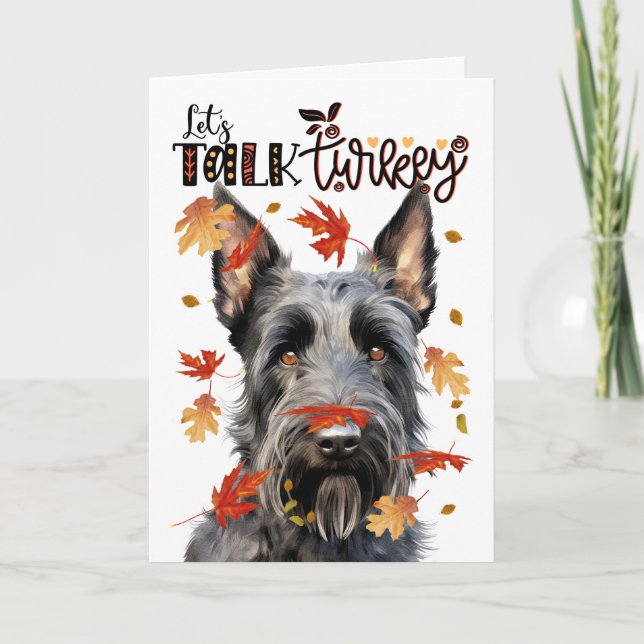 Thanksgiving Scottish Terrier Dog Lets Talk Turkey Holiday Card (Front)