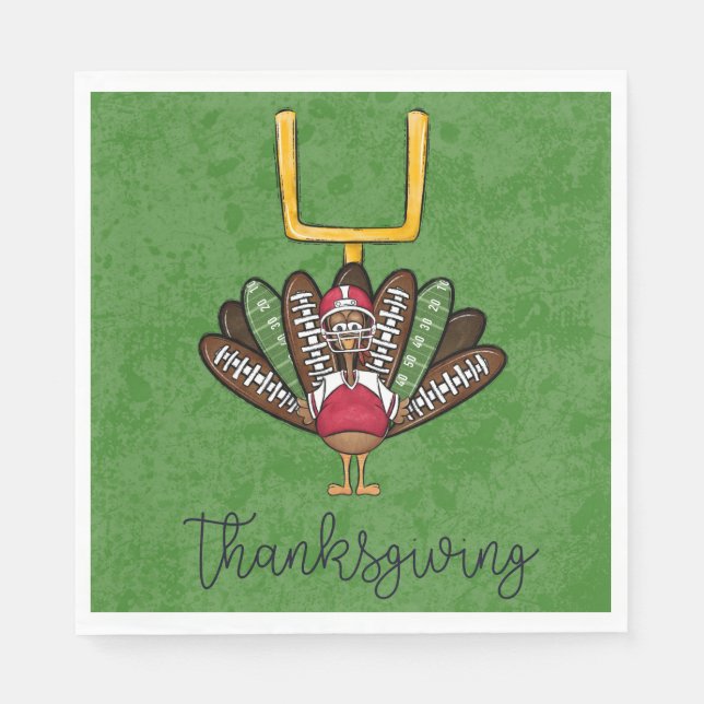 Thanksgiving Script Turkey Football Feathers Green Napkin (Front)