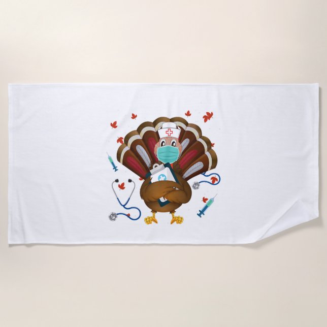 Thanksgiving Scrub Tops Women Turkey Nurse Holida Beach Towel (Front)