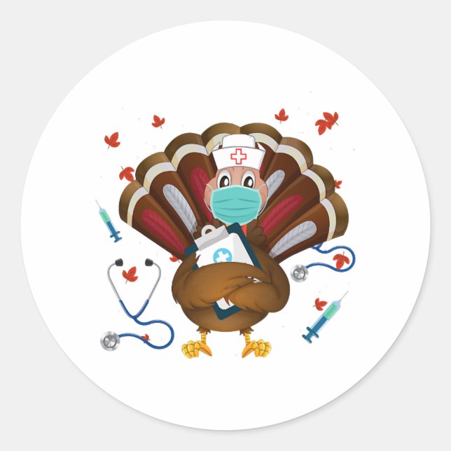 Thanksgiving Scrub Tops Women Turkey Nurse Holida Classic Round Sticker (Front)