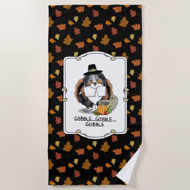 Thanksgiving Shetland Sheepdog (blue merle) Funny Beach Towel (Front)