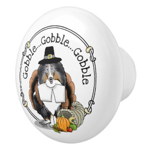 Thanksgiving Shetland Sheepdog (blue merle) Funny Ceramic Knob
