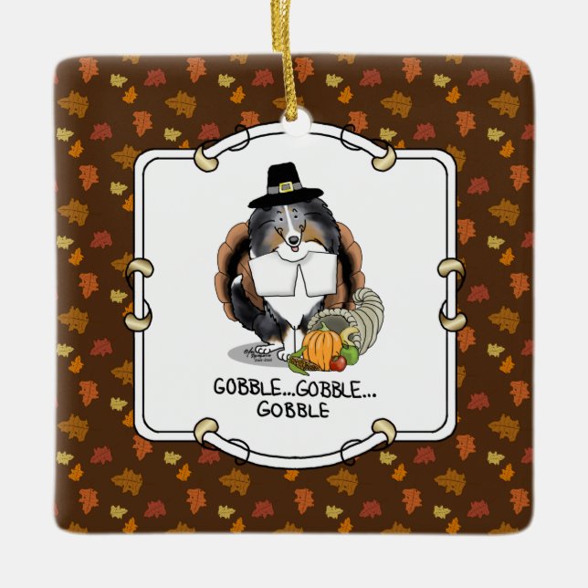 Thanksgiving Shetland Sheepdog (blue merle) Funny Ceramic Ornament (Front)