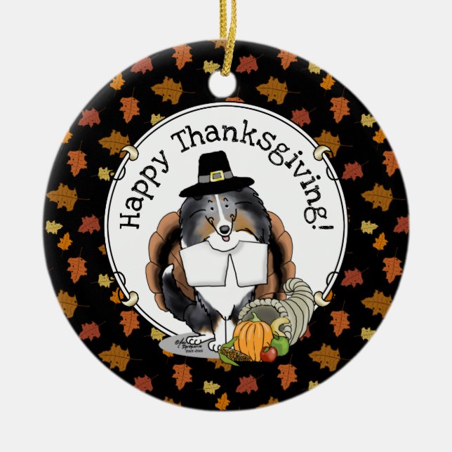 Thanksgiving Shetland Sheepdog (blue merle) Funny Ceramic Tree Decoration (Front)