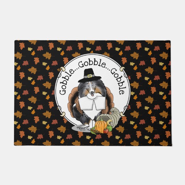 Thanksgiving Shetland Sheepdog (blue merle) Funny Doormat (Front)