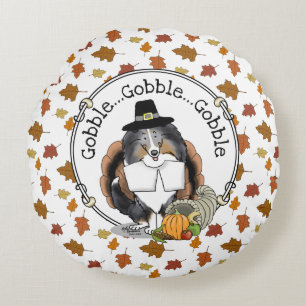 Thanksgiving Shetland Sheepdog (blue merle) Funny Round Cushion