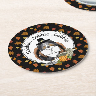 Thanksgiving Shetland Sheepdog (blue merle) Funny Round Paper Coaster