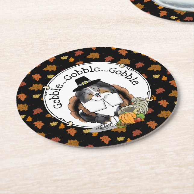 Thanksgiving Shetland Sheepdog (blue merle) Funny Round Paper Coaster (Angled)