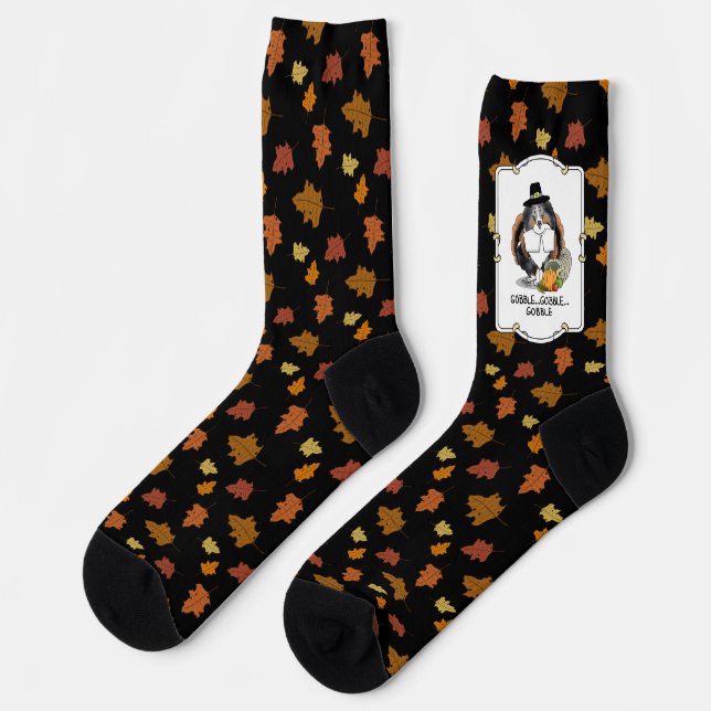 Thanksgiving Shetland Sheepdog (blue merle) Funny Socks (Left)