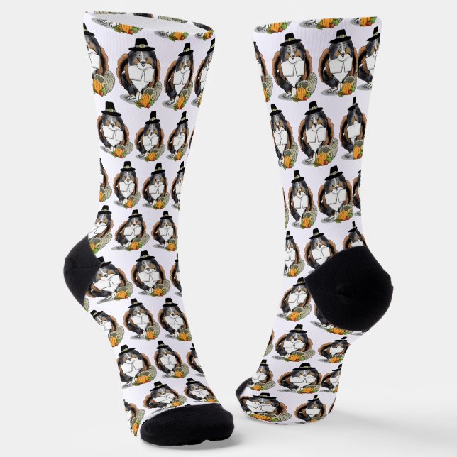 Thanksgiving Shetland Sheepdog (blue merle) Funny Socks (Angled)