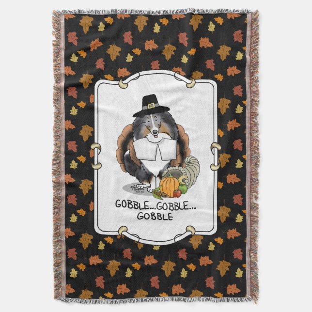 Thanksgiving Shetland Sheepdog (blue merle) Funny Throw Blanket (Front Vertical)