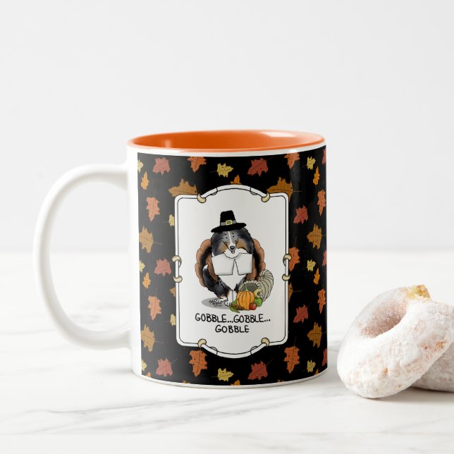 Thanksgiving Shetland Sheepdog (blue merle) Funny Two-Tone Coffee Mug (With Donut)