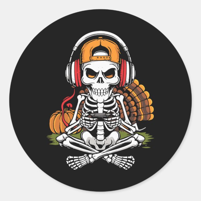 Thanksgiving Skeleton Gamer Video Gaming Boys Men  Classic Round Sticker (Front)