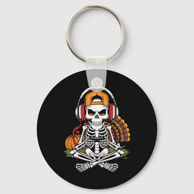 Thanksgiving Skeleton Gamer Video Gaming Boys Men  Key Ring (Front)