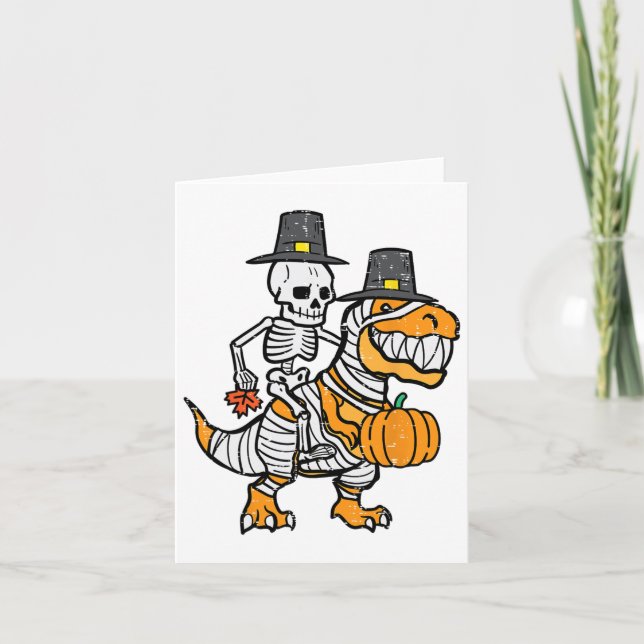 Thanksgiving Skeleton On Trex Dino Fall Boys Kids  Card (Front)