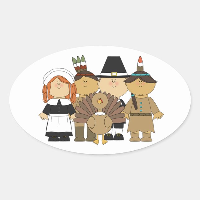 Thanksgiving Stickers/Pilgrims and Indians Oval Sticker (Front)