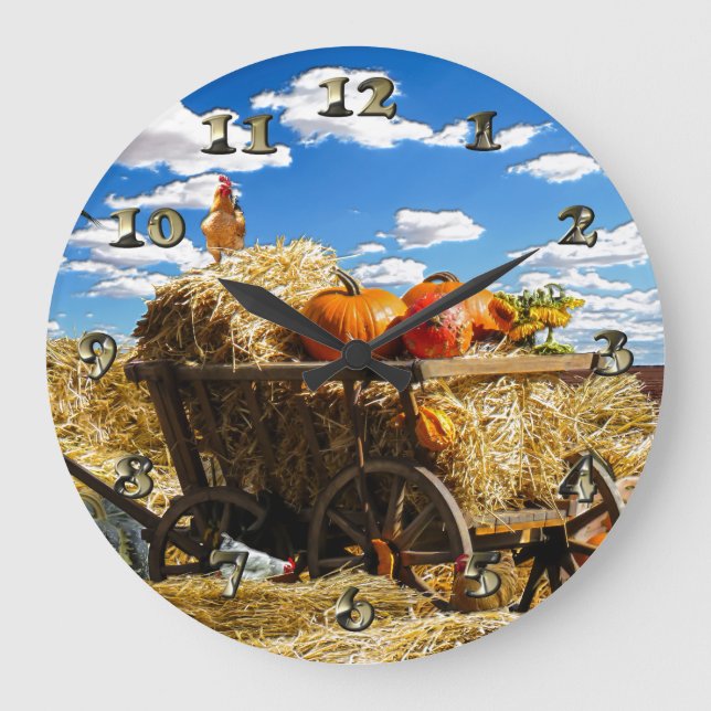 Thanksgiving Straw Wagon in the Field Large Clock (Front)