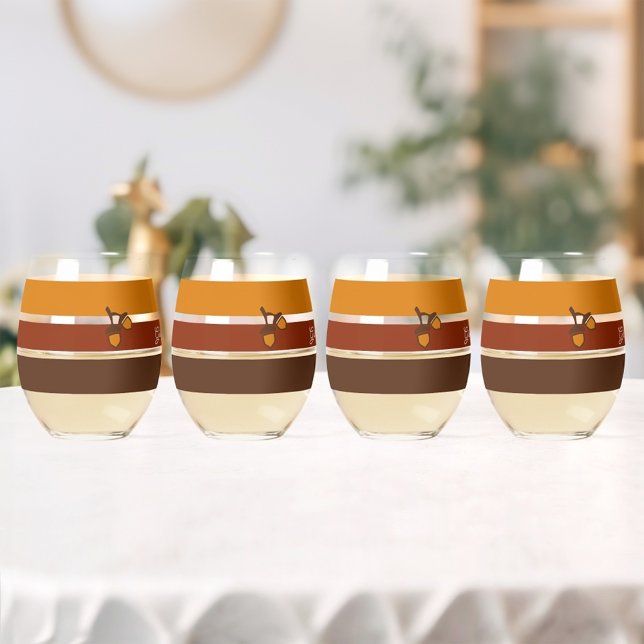 Thanksgiving Stripes and Acorns Stemless Wine Glass (Creator Uploaded)