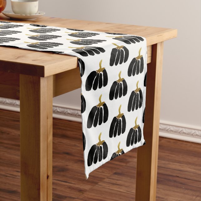 Thanksgiving Stylised Black Pumpkins and Gold Long Table Runner (In Situ)
