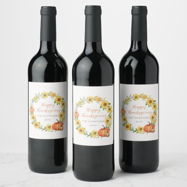 Thanksgiving Sunflowers and pumpkins Wine Label (Bottles)