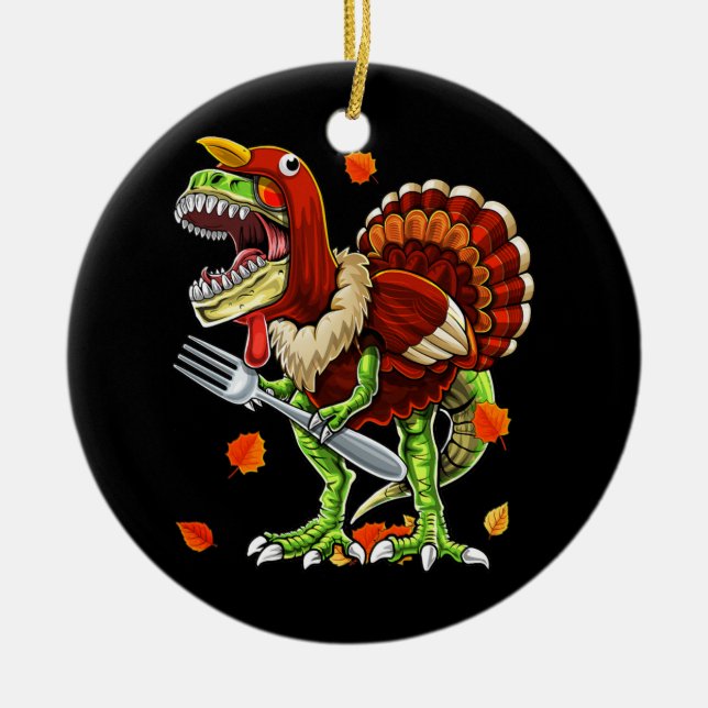 Thanksgiving T Rex Dinosaur Funny Turkey Costume Ceramic Tree Decoration (Front)