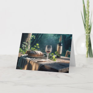 Thanksgiving Table With Wine In A Forest Card