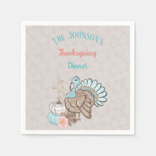 Thanksgiving Taupe Aqua Coral Pumpkins Turkey Napkin