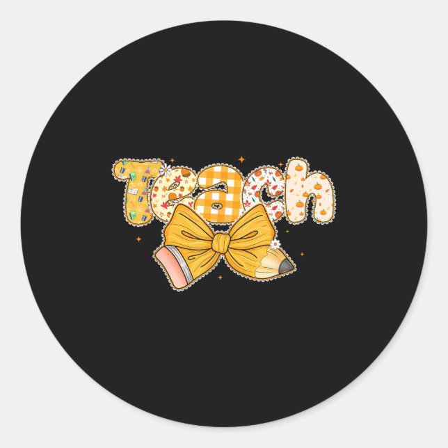 Thanksgiving Teacher Pencil Bow Fall One Thankful  Classic Round Sticker (Front)