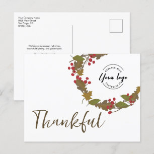 Thanksgiving Thankful Autumn Wreath Business logo Postcard