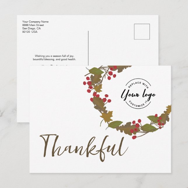 Thanksgiving Thankful Autumn Wreath Business logo Postcard (Front/Back)