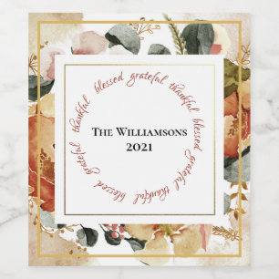 Thanksgiving Thankful Blessed Grateful Wreath Name Wine Label