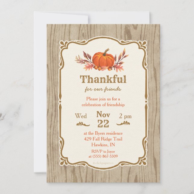 Thanksgiving Thankful Fall Pumpkin Invitation (Front)