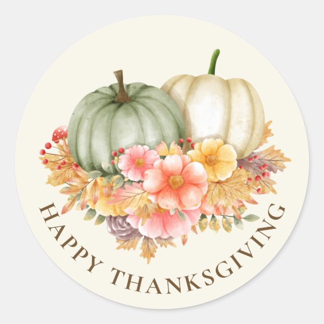 Thanksgiving Thankful floral pumpkins autumn Classic Round Sticker (Front)