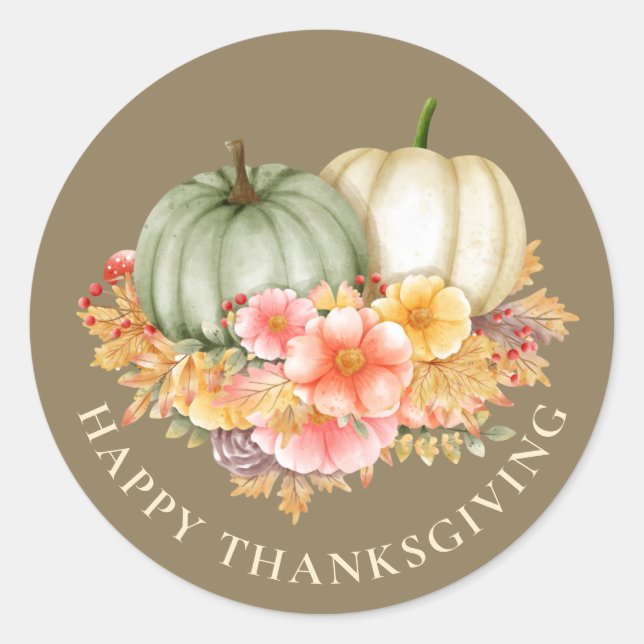 Thanksgiving Thankful floral pumpkins brown Classic Round Sticker (Front)