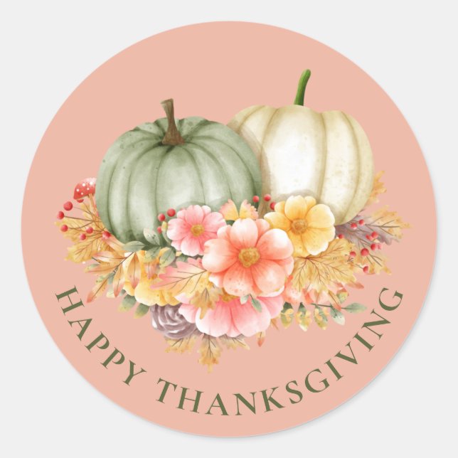 Thanksgiving Thankful floral pumpkins pink Classic Round Sticker (Front)