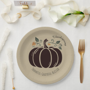 Thanksgiving,Thankful Grateful Blessed , Pumpkin, Paper Plate