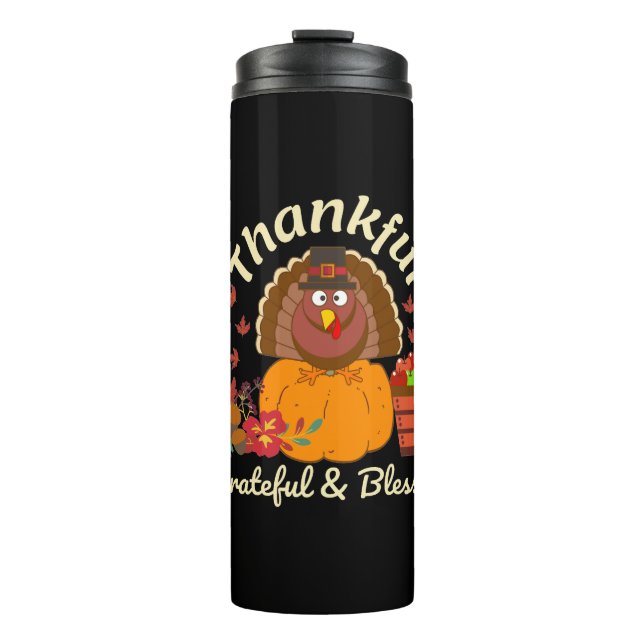 Thanksgiving Thankful Grateful & Blessed Thermal Tumbler (Front)