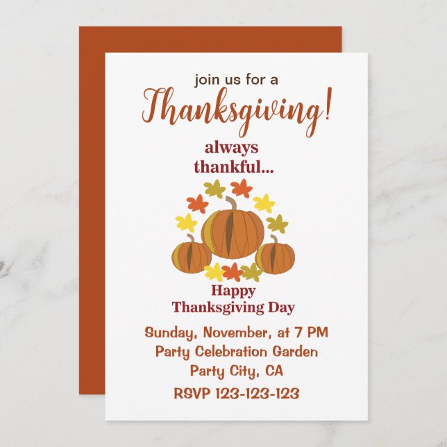 Thanksgiving Thankful Pumpkin Autumn Thanksgiving Invitation (Front/Back)