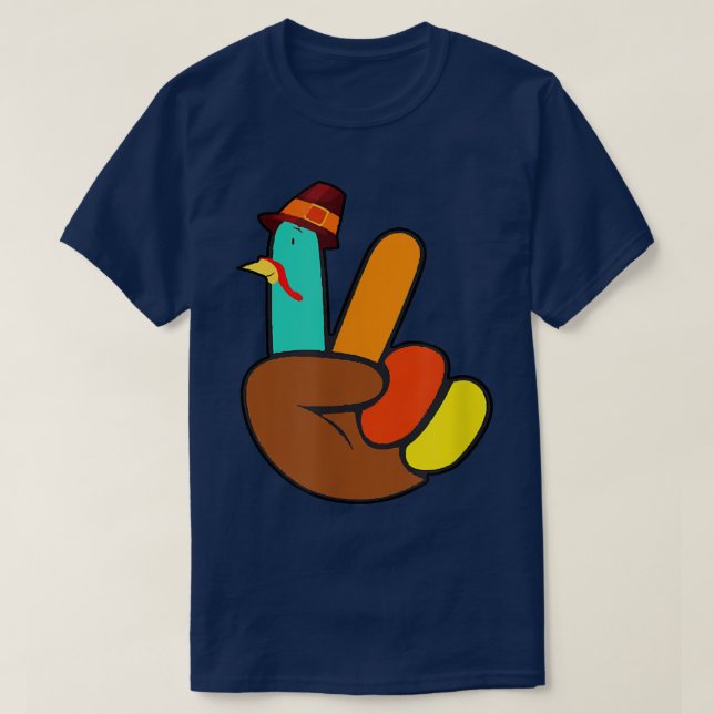 Thanksgiving Thankful Turkey Peace Hand Sign Thank T-Shirt (Design Front)