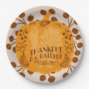 Thanksgiving Thankful Turkey Pumpkin Greenery Paper Plate