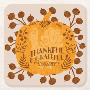 Thanksgiving Thankful Turkey Pumpkin Greenery Square Paper Coaster
