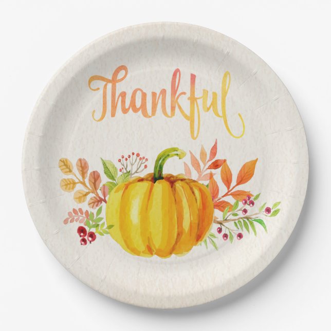 Thanksgiving "Thankful" Watercolors Both Sizes Paper Plate (Front)