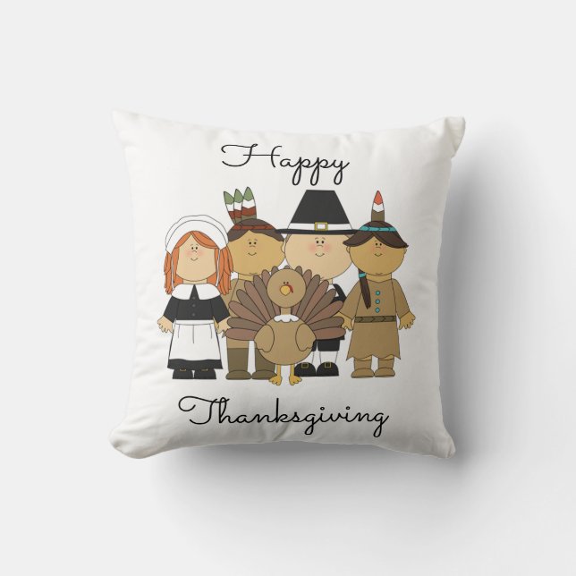 Thanksgiving Throw Pillow/Pilgrims and Indians Cushion (Front)