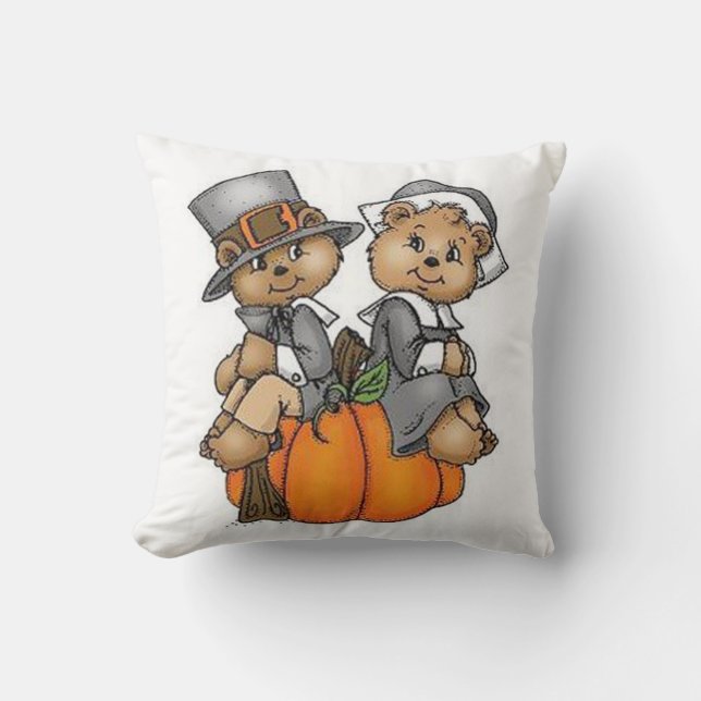 Thanksgiving Throw Pillow/Teddy Bear Pilgrams Cushion (Front)