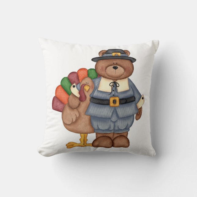 Thanksgiving Throw Pillow/Turkey and Bear Cushion (Front)