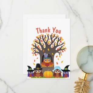 Thanksgiving tree with cute owls  thank you card