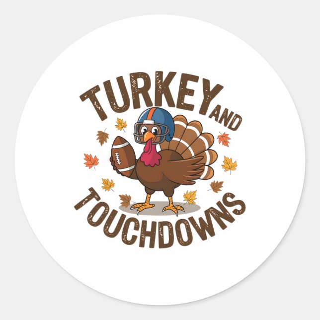 Thanksgiving Turkey And Touchdowns Footll Player 4 Classic Round Sticker (Front)
