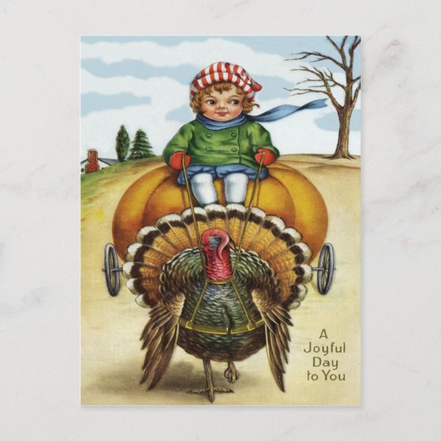 Thanksgiving Turkey Boy Riding Pumpkin Holiday Postcard (Front)