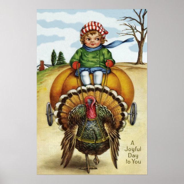 Thanksgiving Turkey Boy Riding Pumpkin Poster (Front)